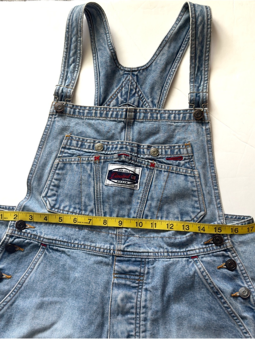 Vintage 90s Limited Denim Bib Overalls Medium Blue Slouchy Straight Leg Workwear - Picture 12 of 16